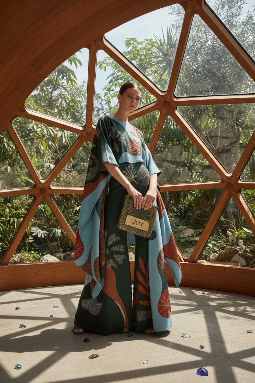 Una modella indossa un completo con mantella fantasia in una struttura geodetica in legno circondata da vegetazione tropicale.