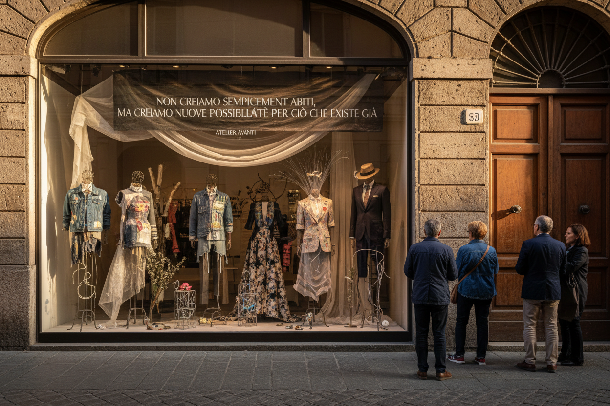 Quattro persone osservano la vetrina di un atelier di moda con manichini che indossano abiti creativi e uno striscione con una citazione.